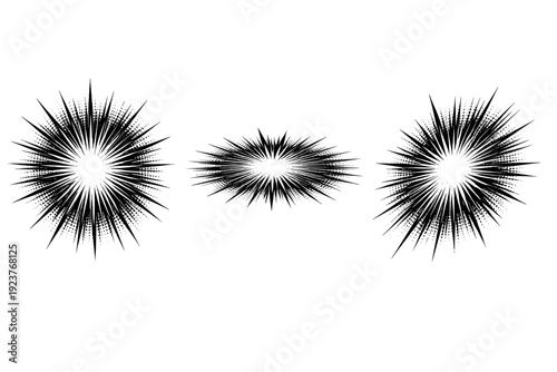 Comic halftone radial burst circle. A single comic radial burst circle shown in three views: front view, side view, and three-quarter view, highlighting