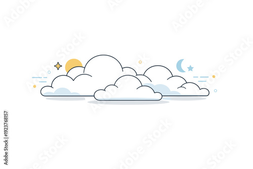 Cloud illustrations. Clouds arranged in a balanced horizontal composition, symbolizing stability and calm atmosphere. Modern editorial style