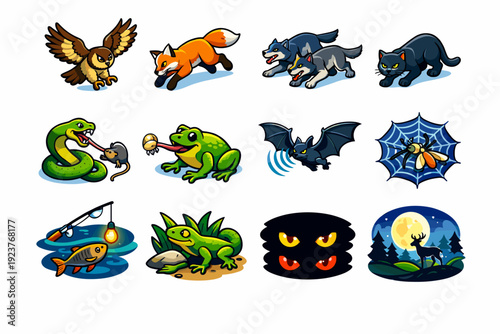 Night hunting. Colorful isometric vector icons set of night hunting: owl dive attack, fox pounce, wolf pack chase, cat silent step, snake
