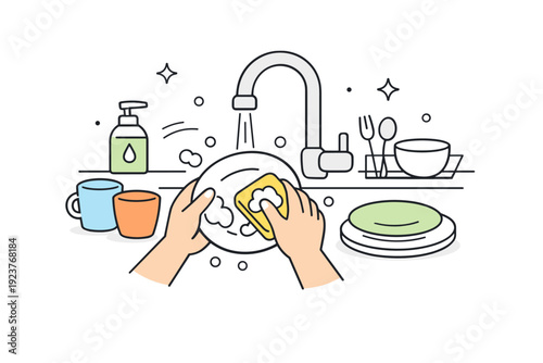 Light household chores. Hands wash a few dishes in the sink, plates and cups drawn in simple shapes. Gentle movement and quiet end-of-day