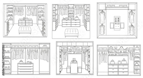 Detailed sketches of various clothing store interior designs and layouts for retail.