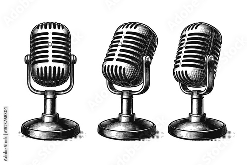 Microphone vintage old-fashioned broadcast microphone with rounded grille head, horizontal grill lines, and short stem base, depicted in