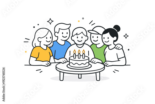 Shared celebration. Several simple figures gathered around a cake with candles, standing close together. Togetherness, friendly interaction,