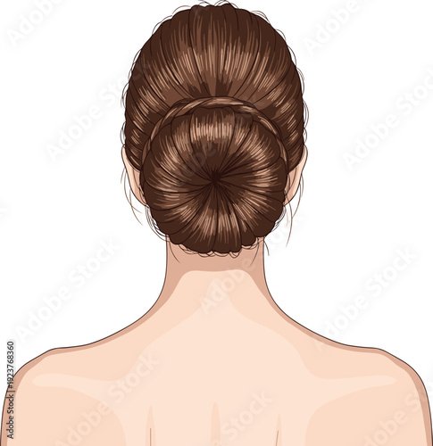 Cartoon woman hairstyle with neat bun, brown hair illustration from back view, elegant fashion artwork for beauty, grooming, professional design concept