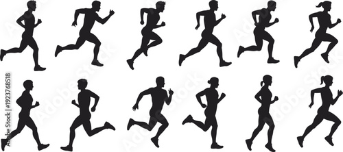 Silhouettes Of Men And Women Running In Different Poses On White Background runners