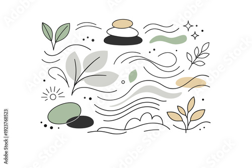 Organic pattern abstraction. Flowing abstract elements repeat gently, referencing plants, stones, and natural movement without literal forms. The illustration