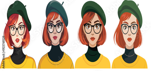 Cartoon woman portraits with red hair, glasses, beret and sweater, artistic character variations illustration for design, animation, creative artwork concept