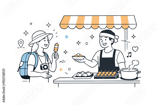 local tourism food tasting. A tourist trying traditional street food from a vendor stall, abstract floating dots and stars highlighting friendly interaction