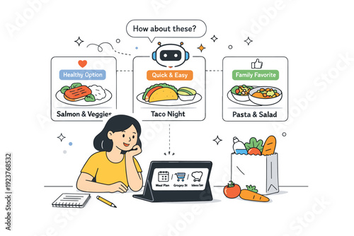 AI-Enhanced Lifestyle Shopping. AI personalization in lifestyle scenes. Person shopping or planning meals with AI-curated options shown clearly and simply.
