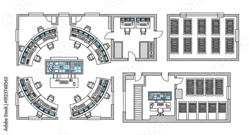 Detailed architectural floor plan of a modern office space with workstations.