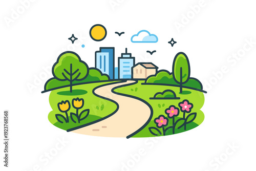 Spring city park a winding path through grass and blooming plants with distant buildings, suggesting slow city life and seasonal comfort. Minimalist flat