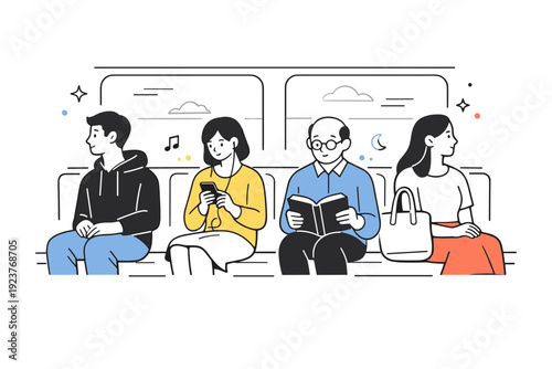 Shared silence in public transport. Strangers seated on a train or bus, quietly looking out windows or at their devices. Calm atmosphere of parallel lives