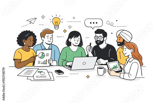 Workplace diversity ? team synergy. Colleagues working together on documents, charts, and digital tools, showing cooperation between varied