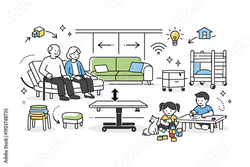 Family-friendly interior redesign. A thoughtfully redesigned home space with adaptable furniture and wide open areas, supporting both seniors