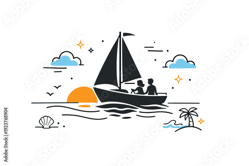 Sunset sail lifestyle scene. A clean composition with a sailboat silhouetted against a low sun, gentle curves suggesting water and wind. The
