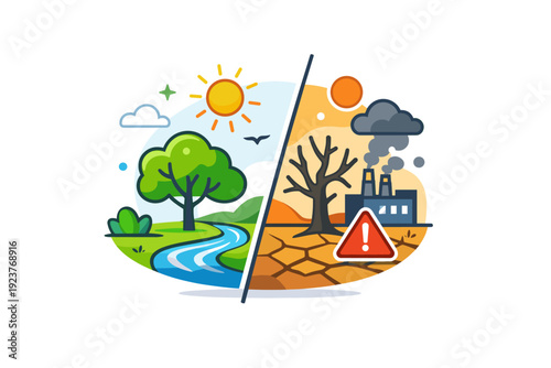 Climate change concept contrast between healthy greenery and affected nature elements, expressing transition, warning, and ecological