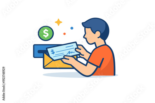 Person depositing check focused on everyday personal finance and routine banking tasks. A compact visual scene with a simplified person