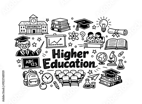 Higher Education. Hand-drawn doodle illustration of Higher Education. university building,