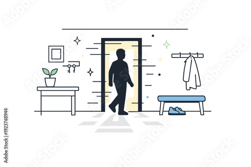 Flickering hallway night scene. A hallway or entry space shows rhythmic light variation with a figure passing through or pausing briefly. The