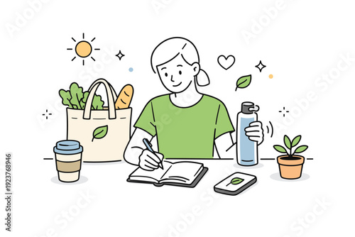 Sustainable lifestyle routines. A person starting the day with reusable items like a water bottle, cloth bag, and notebook. Calm mindful
