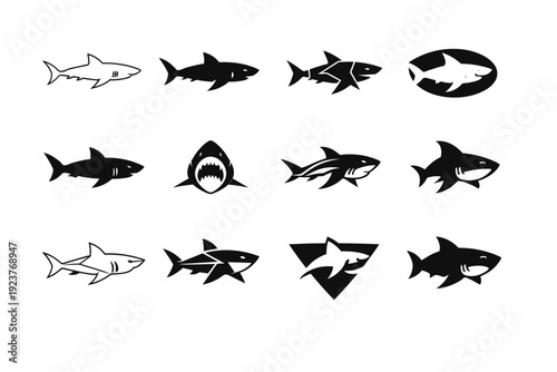 Sharks. Icon set. Set Logo of Sharks: great white shark silhouette. harmonious logo variations of the same emblematic concept, each with