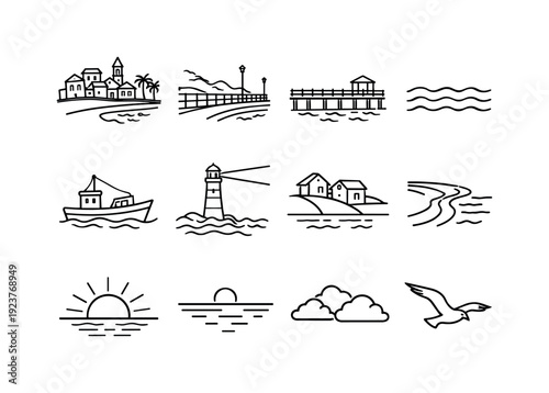 Seaside scenery. Line outline icon set of seaside scenery: seaside town, beach promenade,