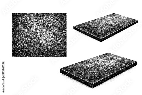 Grain-heavy halftone overlay. A grain-heavy halftone overlay tile is presented in three views: straight overhead view, rotated side view, and three-quarter