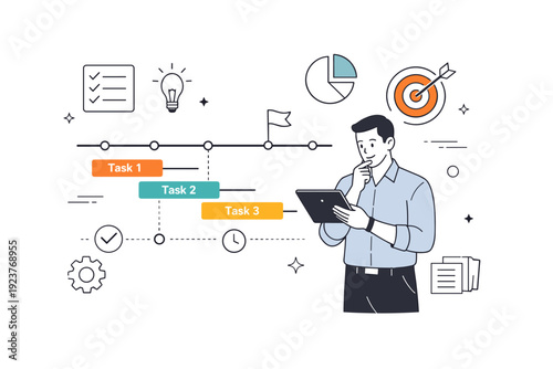 Project management tools. A manager reviews project progress on a tablet while standing near a simple timeline chart. Thoughtful