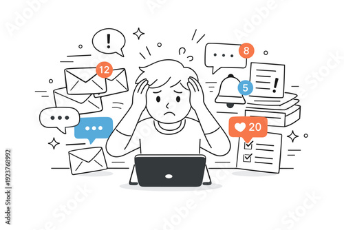 Digital Overload. Information overload. A character looks overwhelmed as messages, emails, and icons stack up around a tablet. The scene conveys cognitive