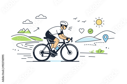 Endurance cycling training in spring. Rider maintaining pace on a scenic route, rolling hills and open space, steady effort and controlled