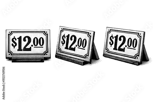 Handmade goods price sign. A small tabletop price sign for handmade goods with clear numerals and framing is shown from three different