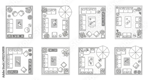 Architectural floor plans showcasing various interior design layouts and arrangements.