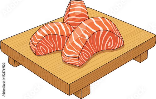 Three pieces of salmon nigiri sushi on wooden serving board, traditional Japanese food illustration, colorful cuisine artwork for restaurant, culinary design concept
