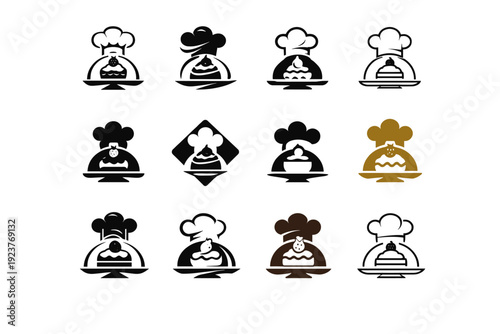 Gourmet dessert. Icon set. Set Logo of Gourmet dessert: chef dessert cloche. harmonious logo variations of the same emblematic concept, each with different