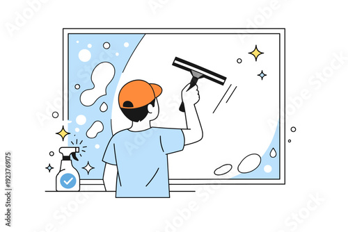 Windows being washed. A person uses a simple squeegee on a wide window, water drops abstracted into soft shapes. Gentle rhythm of cleaning