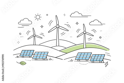 Solar and wind power. Wind turbines slowly spinning on rolling hills, calm rhythm and sustainable progress. Soft motion lines and clouds