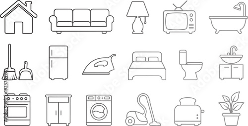 Line drawings of various household furniture and appliances