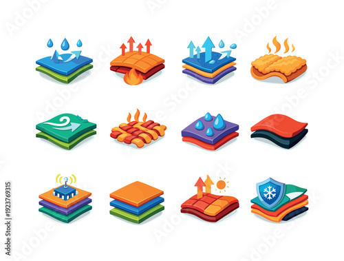 Weather protection materials. Colorful flat vector icons set of Weather protection materials