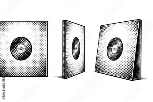 Dotted vinyl record sleeve shown as a single object presented in three views: front view, side view, and three-quarter view. Black and white