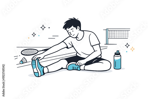 Badminton footwork practice. Cool-down moment after drills, light stretching near the court edge, sense of progress and readiness for play,