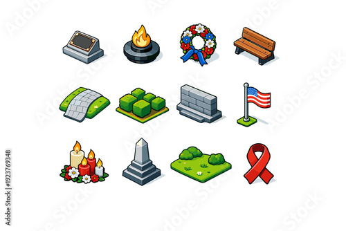 Memorial Park. Colorful isometric vector icons set of Memorial Park: memorial plaque, eternal flame, flower wreath, remembrance bench, paved walkway, trimmed