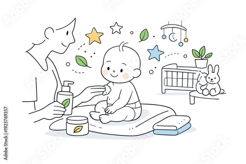 Eco-Friendly Baby Care. sustainable baby skincare. A parent gently applying natural baby lotion, abstract floating stars and leaves emphasizing calm and