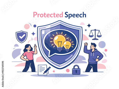 Secure Speech Bubble. Protected speech. Speech bubble shielded by a transparent guard icon, ideas glowing