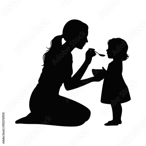 Mother Feeding Child Silhouette. Loving Mom Giving Food to Toddler Illustration Isolated on White Background.