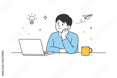 Strategic thinking pauses. Desk scene with untouched laptop and a cup nearby, person resting chin on hand thoughtfully. Stillness and focus