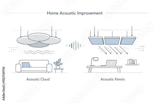 Home acoustics improvement ceiling details. Ceiling elements such as acoustic clouds or panels gently improving sound quality in a home space. The scene feels