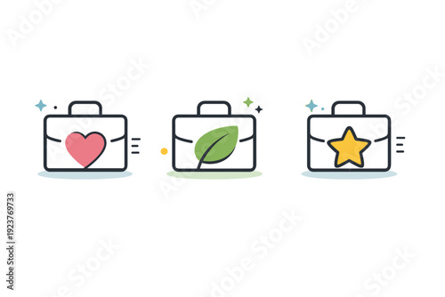 Purpose-based career icons. Abstract symbols combining briefcases with hearts, leaves, or stars to represent meaningful work. Clean, modern visuals