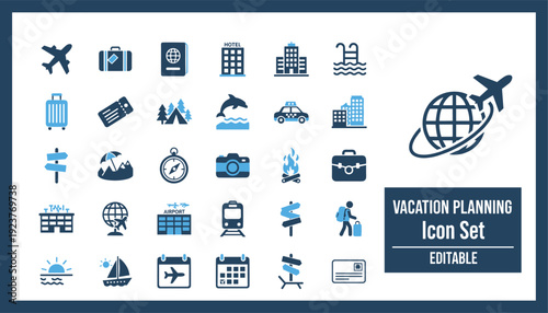 Editable Vacation Planning Icon Set Featuring Travel Transport Flight Booking Accommodation Activities and Logistics Symbols for Tourism Agency Web Design and Summer Holiday Marketing Graphics