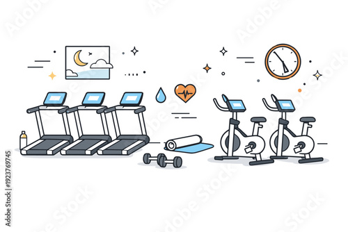 Gyms early morning emptiness. Treadmills and bikes turned off, still screens glowing faintly in the pre-dawn light. Peaceful in-between time