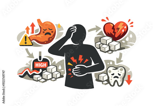 Long-term sugar impact. Abstract body silhouette with icons of metabolism, heart, and teeth